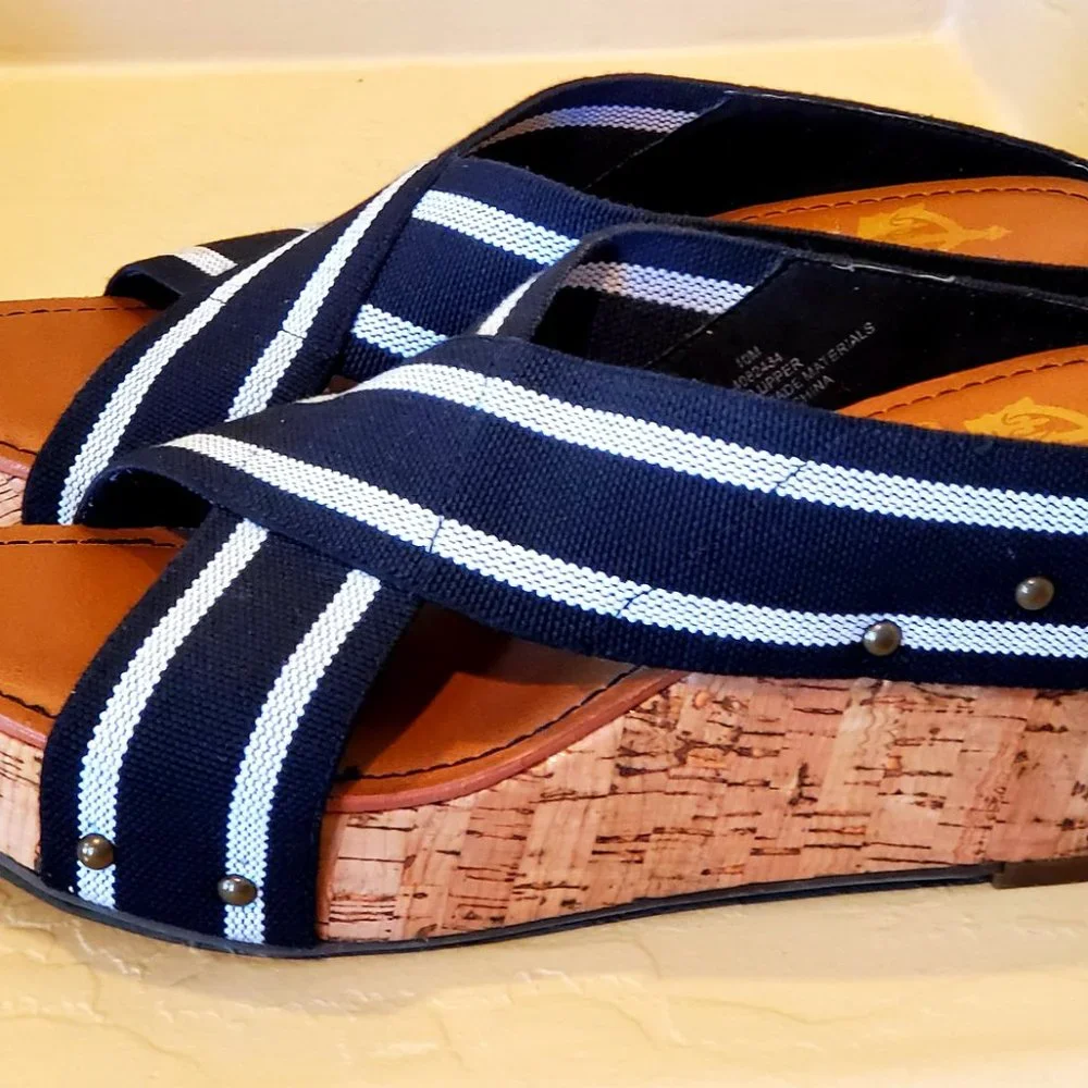 Cork Wedge Navy Blue & White Sandals Slip On Shoes Wedge Nautical Espadrilles